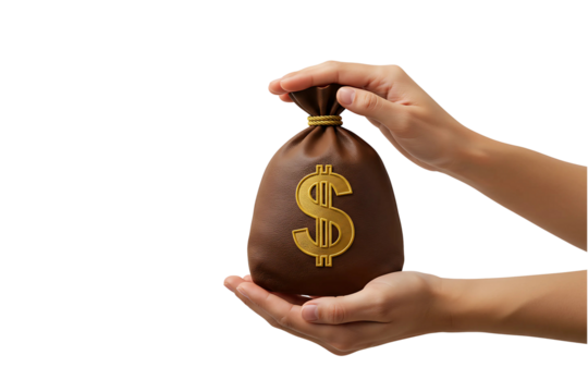 Human hands offering money bag with dollar sign in realistic style, isolated on transparent background representing donation, transaction, or finance