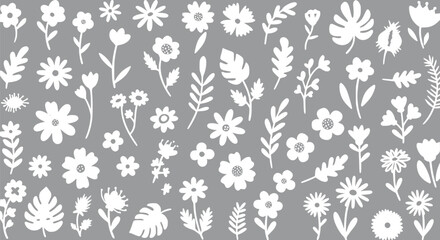White Floral Pattern Grey Background Flowers Leaves Botanical Illustra