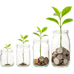 Growth of Savings and Investment Concept with Plants Growing in Coin Jars isolated on Transparent Background