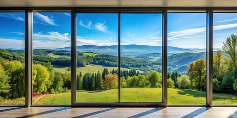 Naklejka premium Panoramic view from a large window with a vast expanse of rolling hills and towering trees against a bright blue sky on a sunny day in late summer , window view, hillside view