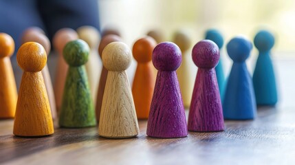 A group of wooden figurines arranged in a row on a wooden surface with a blurred background.