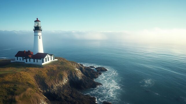 Standing tall against the ocean a historic lighthouse guides ships home along the rocky coast with a clear blue sky and - Powered by Adobe