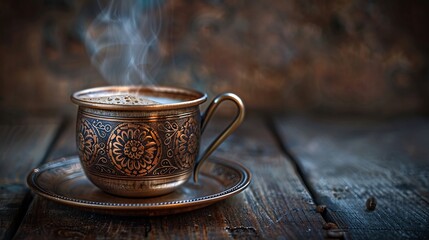 Dark and moody shot of freshly brewed Turkish coffee in an ornate copper cup with steam rising