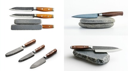 Four diverse kitchen knives, three with textured dark-grey blades and light-brown handles, one with light-