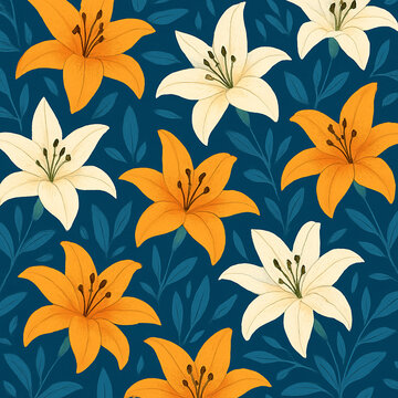 Vector seamless repeat pattern featuring flat stylized lilies in orange and cream, modern botanical floral design with minimal composition and vibrant color palette for fabric or wallpaper