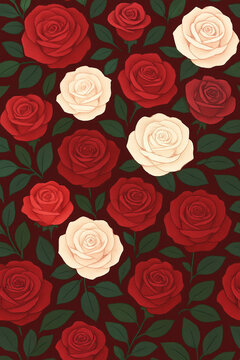 Seamless vintage rose pattern with red and ivory petals, hand-drawn floral vector motif on wine red background, elegant botanical textile design, soft shading, repeatable surface illustration