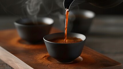 Dark and moody shot of rich espresso being poured into a small cup emphasizing the deep crema