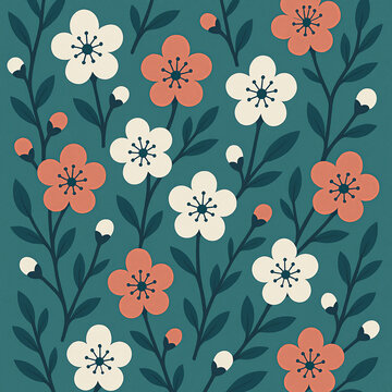 Seamless Scandinavian floral pattern with minimal stylized flowers, coral orange and cream petals, dark teal leaves, flat vector botanical illustration for kids textile and surface design