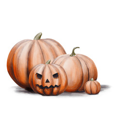 Halloween pumpkins. A pile of orange vegetables. Holiday decor. Pumpkins of different sizes lie on the ground. Jack's head. Watercolor illustration without background. Hand drawing.
