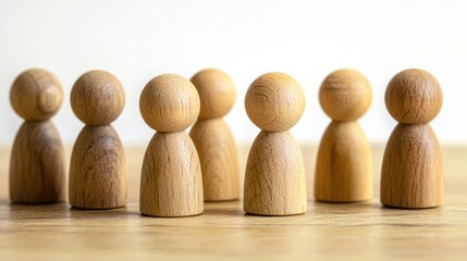A wooden figure of a person standing in front of a group of wooden figures.