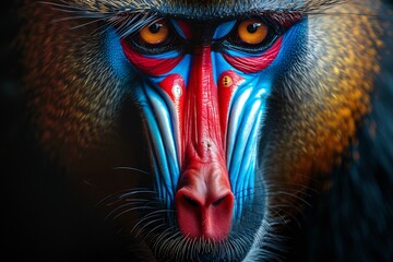 Dazzling mandrill staring intensely into the camera its vibrant blue and red facial markings standing out ultra HD jungle portrait