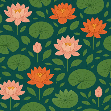 Seamless vector pattern of stylized lotus flowers and lily pads with peach pink and orange petals, yellow centers, flat botanical illustration, modern Asian floral wallpaper on green background