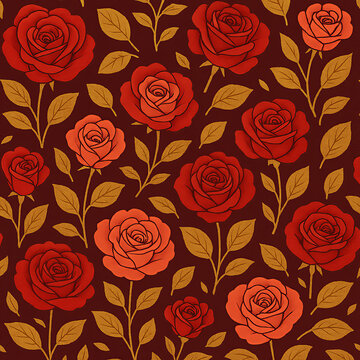Elegant seamless rose floral pattern with red and coral blooms, golden leaves on burgundy background, vintage romantic textile design, repeat wallpaper, bold vector illustration for fabric prints
