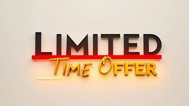 Limited Time Offer 3D text animation, promotional marketing banner with bold typography, retail sales and discount announcement motion graphic