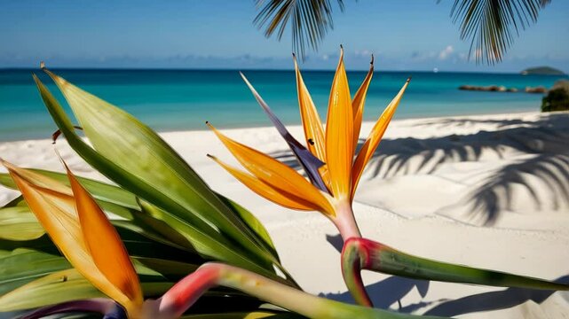 Tropical bird of paradise flowers on sandy beach by the ocean  