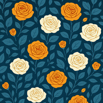 Seamless floral vector pattern with cream and golden stylized roses, teal stems and leaves, minimal folk art wallpaper, modern botanical surface textile design on dark teal background