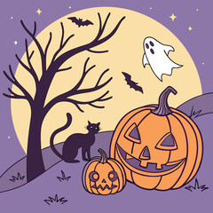 halloween background with pumpkin,bat cat and ghost