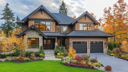 A two-story, modern, brick and wood house with a black roof and black shutters, surrounded by a lush, colorful autumn garden with trees in full fall foliage