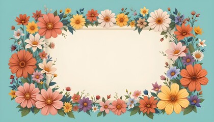 Obraz premium Floral Frame on Teal Background – Landscape Blank Template with Colorful Flowers