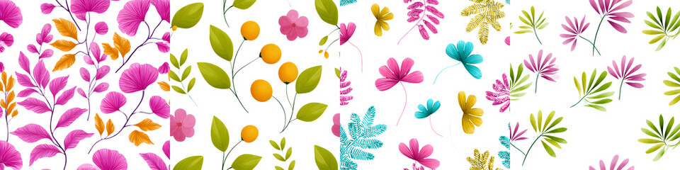 Vibrant, colorful floral arrangements featuring intricate flora, lush leaves, and lively patterns perfect for textile or wallpaper design in a nature-inspired style