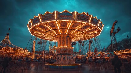 An evening of thrilling heights under the stars on a radiant swing ride illuminating the night at the joyful carnival