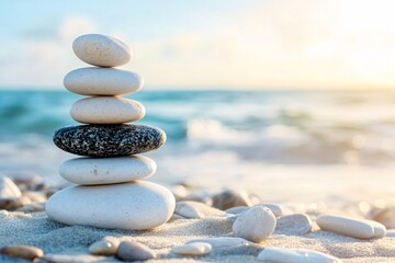 Stacked zen stones on a serene beach during sunset