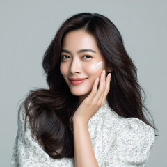 
Beautiful woman with brown hair and green eyes, applying a clear gel cream to her right cheek, standing in front of a light gray background in a studio shot.