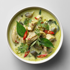 food photography of a white bowl with Green Curry with chicken. top view, have some space around, isloated on white background.