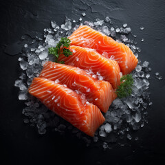 food photography of Salmon slice on ice. top view, have some space around, isloated on Black stone background.