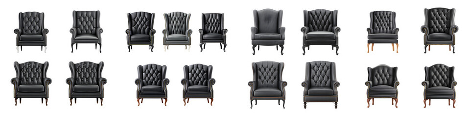 Luxurious, classic leather armchairs in various styles and designs showcasing rich textures and elegant details for high-end interior decoration and furniture solutions