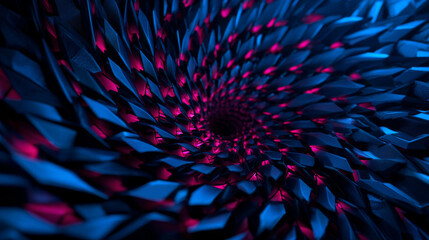 Abstract visual composition of blue and pink geometric shapes forming a dynamic spiral pattern