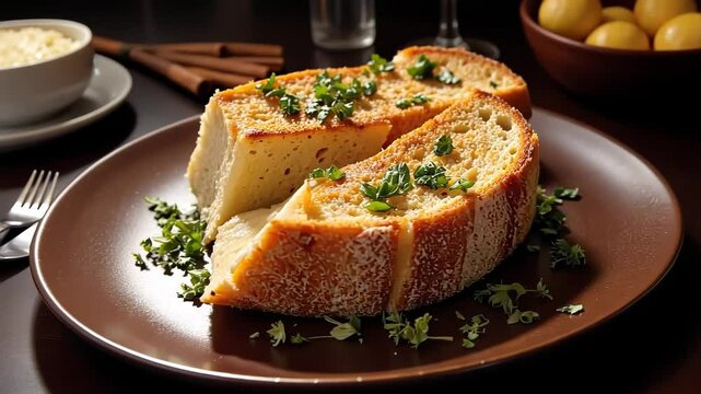 Garlic bread served on a brown plate with herbs and garlic