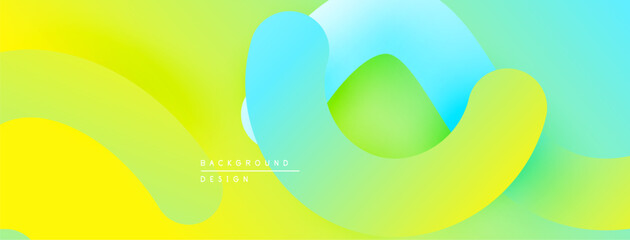 Abstract fluid shapes blend vibrant yellow, green, blue hues. Gradient transitions create smooth, modern background design.