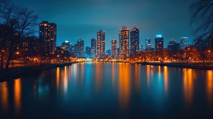Naklejka premium Urban serenity City lights dance on tranquil waters mirroring dreams and reflecting ambition in a captivating nighttime