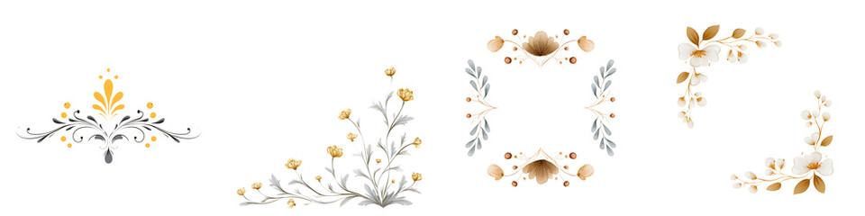 Obraz premium Elegant floral decorations featuring intricate gold and silver motifs, perfect for luxurious designs, wallpapers, and textiles reflecting a classic heritage style.