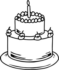 Two tier birthday cake with one candle black and white illustration
