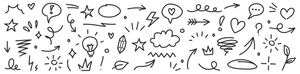 Collection of line marker hand drawn brush arrow element set. Sketch pencil stroke vector graphic pen underline scribble icon. Hand drawn line heart, crown, star symbol highlight marker shape. 