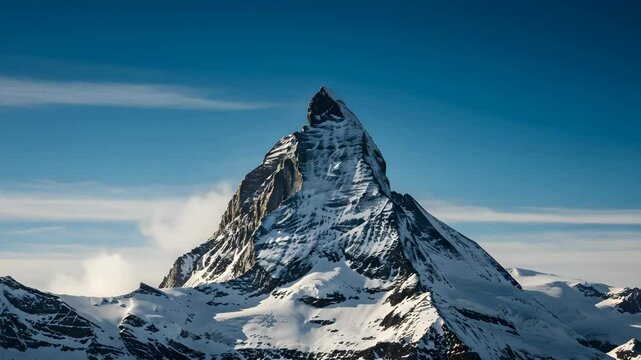 Snow Covered Mountain Peak Against Clear Blue Sky with Wispy Clouds