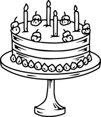 Birthday cake with candles on cake stand line drawing