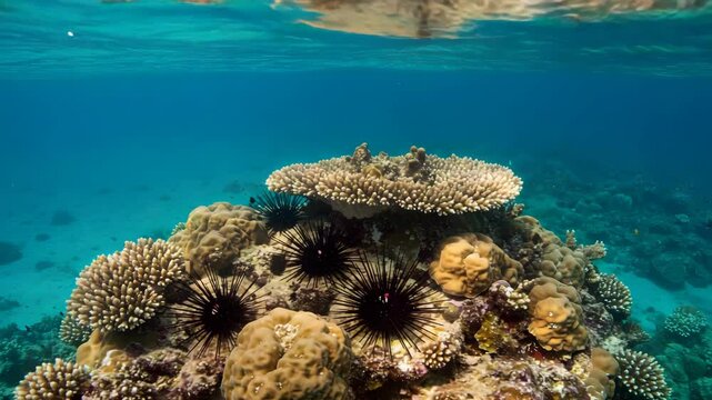 Underwater Coral Reef Scene with Echinoderms and Diverse Aquatic Ecosystem