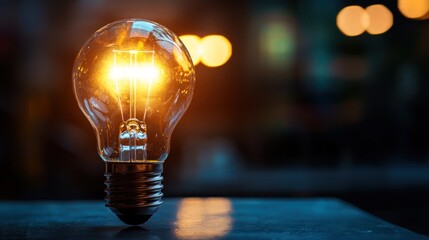 A glowing light bulb emitting a warm yellow glow, with a blurred background featuring warm, golden lights.