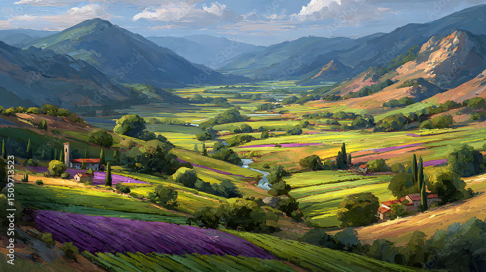 Poster scenic landscape with vibrant fields and mountains in the background.