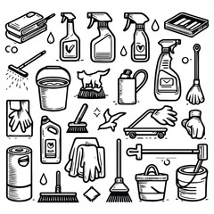 vector clip art set of cleaning elements, simple line style icons