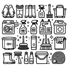 vector clip art set of cleaning elements, simple line style icons