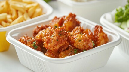 Fototapeta premium A bowl of crispy fried chicken with a side of french fries and a salad in a white takeout container.