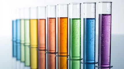 A row of colorful test tubes filled with different colored liquids, arranged in a rainbow pattern.