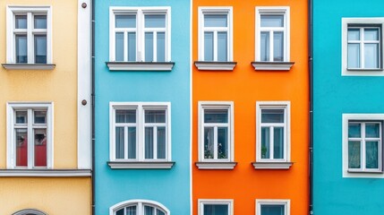 A colorful building facade with a vibrant orange, blue, and yellow color scheme, featuring a variety of windows and architectural details.