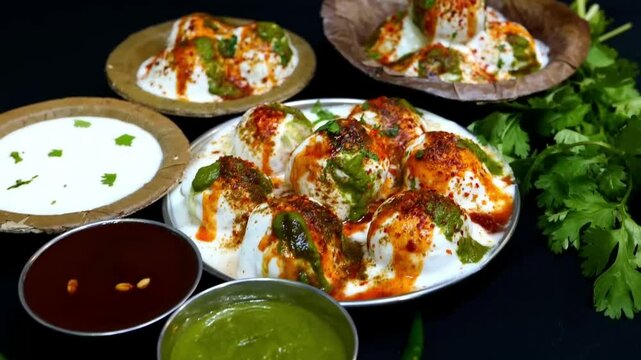 Dahi Vada, Dahi Bhalla, and Indian chaat served with yogurt, chutneys, and spices &mdash; a flavorful festive dish ideal for food photography, traditional cuisine, and Indian street food visuals.
