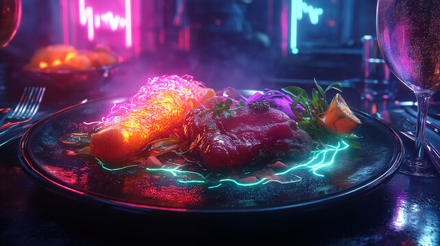 Advanced meal of glowing algae nutrient gels and lab grown meat served on sleek modern plate