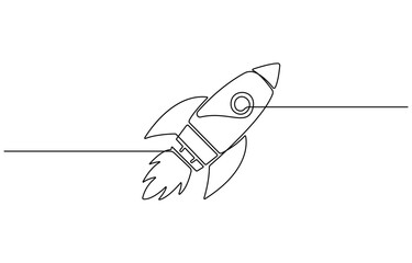 Continuous one line drawing of spaceship, hand drawn symbol vector illustration, one line drawing flying rocket spaceship vector illustration template design.